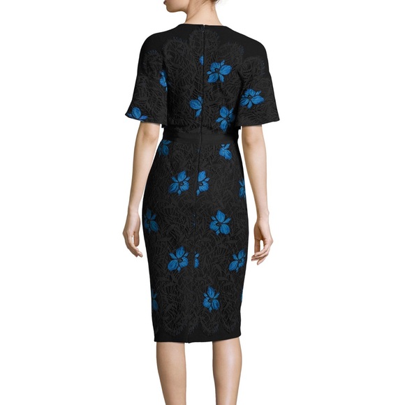 Lela Rose Flutter- Sleeve Floral Lace Sheath Black & Blue Floral Dress - Picture 2 of 9